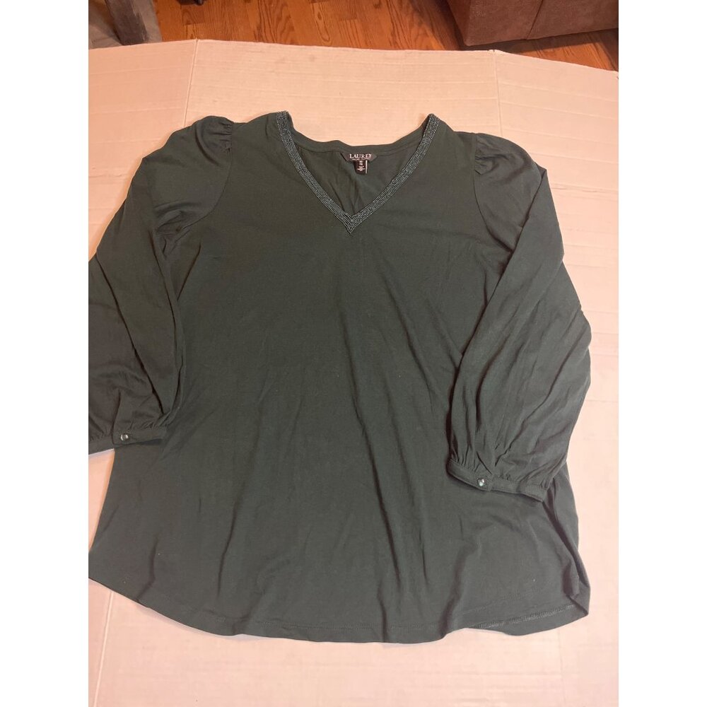 Lauren Ralph Lauren Womens 1X V-Neck L/S beaded  Top Cotton & Modal Blend floral